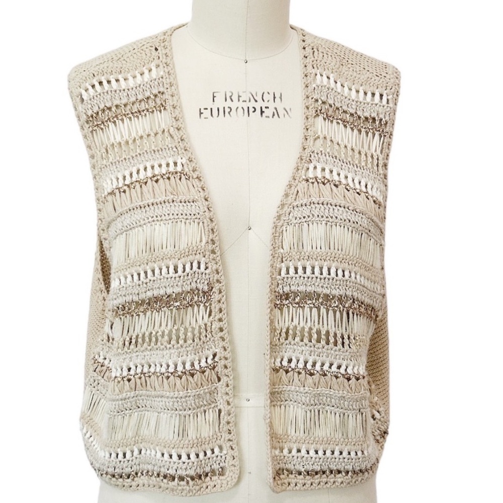 Chico’s Knitted Wool Woven Cream Tan Sleeveless Open Front Vest Tank Top Sz XL